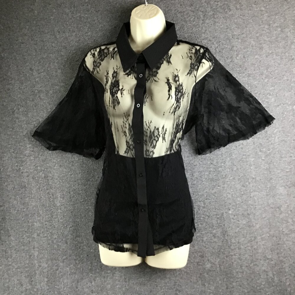 Black Button Up Delicate Lace Flutter Sleeve Shir… - image 1
